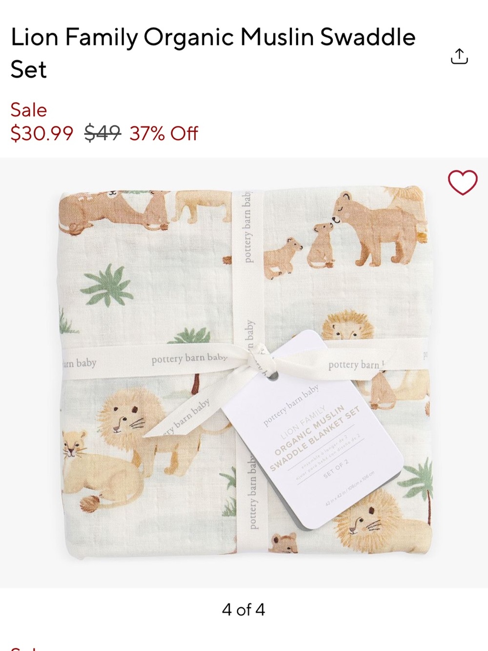 Pottery Barn Baby Lion Print Muslin Swaddle x2